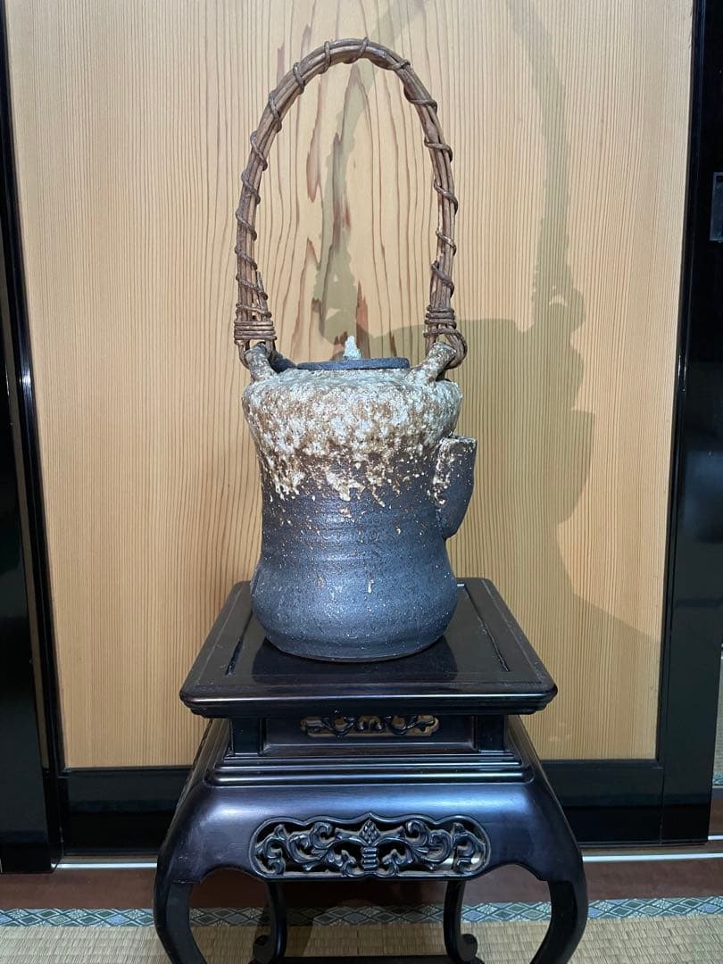 古道具 陶器製 吊り下げ灯り / 花器 オブジェ 民藝 焼き物 籐持ち手